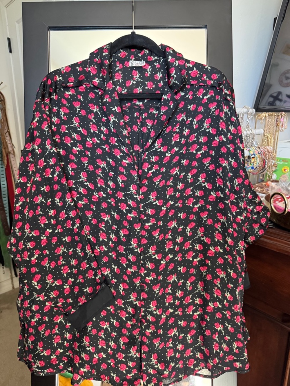 Free People Intimately Women's Black Button-Up Pajama Shirt with Rose Print